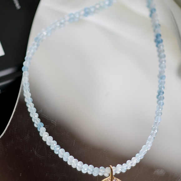 4mm Blue Aquamarine Faceted Round Beads Fishtail/Pisces Pendant Necklace… - Picture 5 of 5